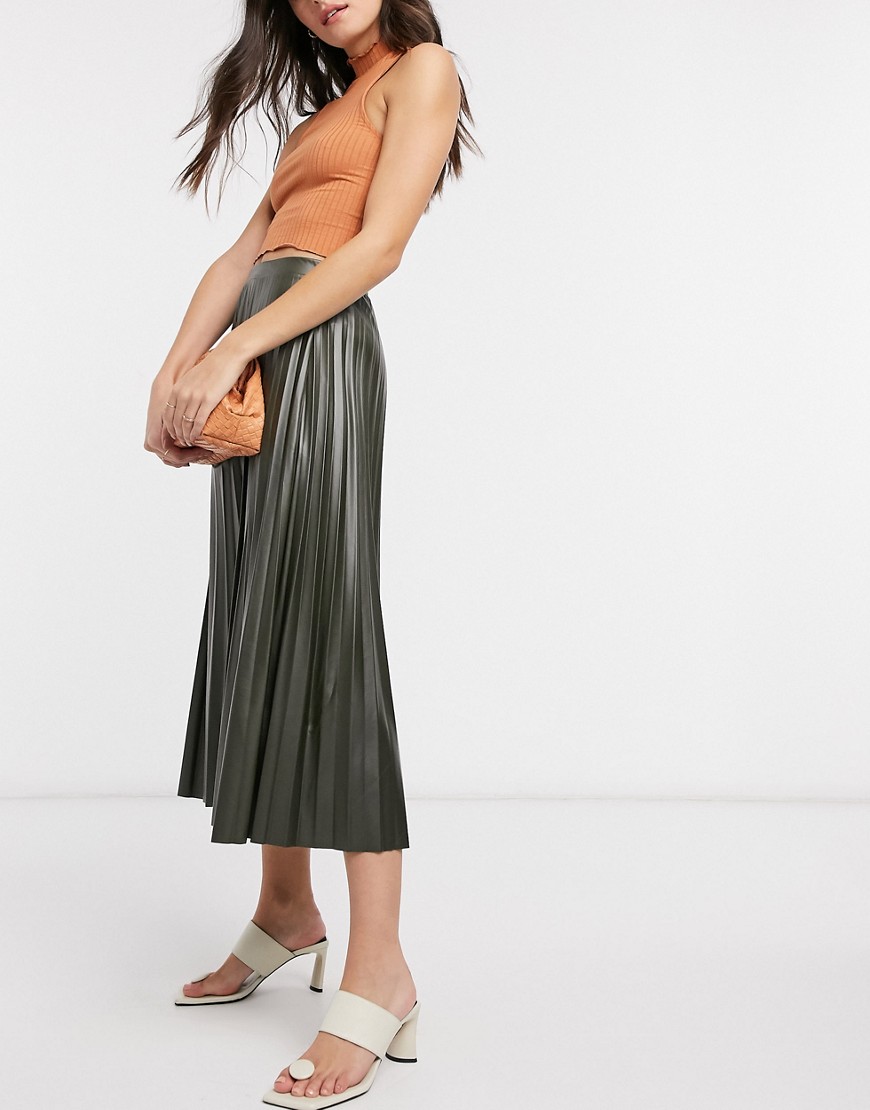 ASOS DESIGN leather look pleated midi skirt in khaki-No Colour