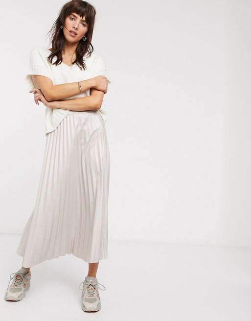ASOS DESIGN leather look pleated midi skirt in stone