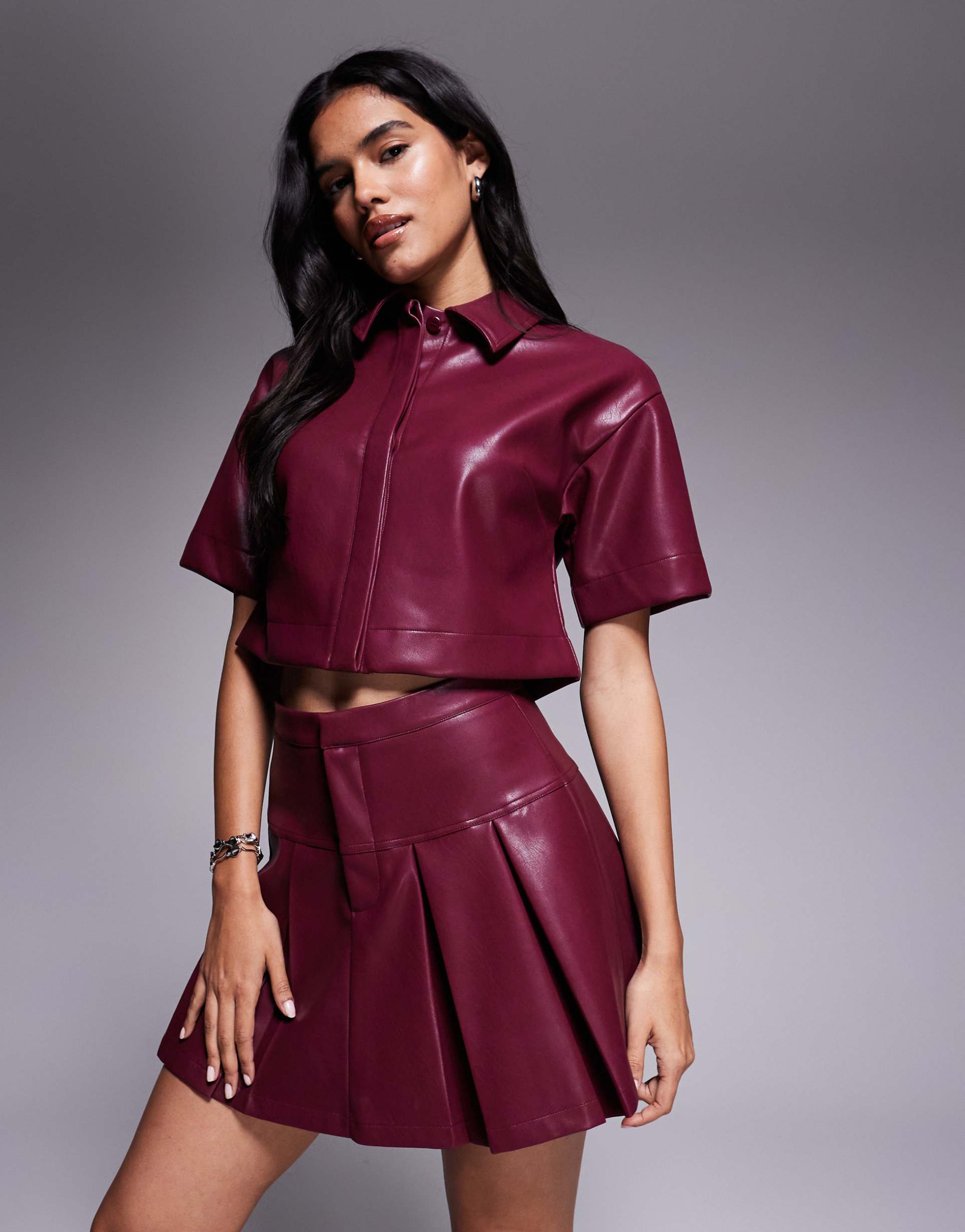 asos design leather look pleated mini skirt in burgundy - part of a set