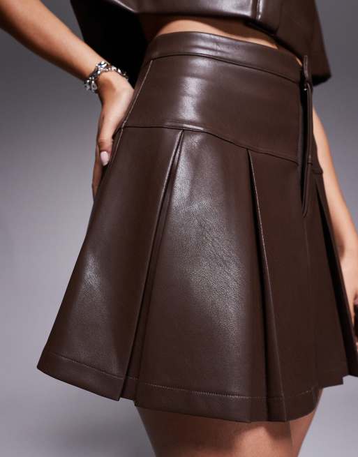 ASOS DESIGN leather look pleated mini skirt in chocolate - part of a set, 2 of 5