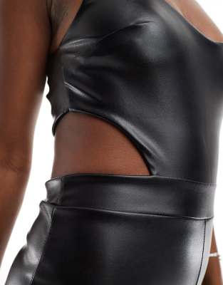 ASOS DESIGN LEATHER LOOK PLUNGE WIDE LEG JUMPSUIT 