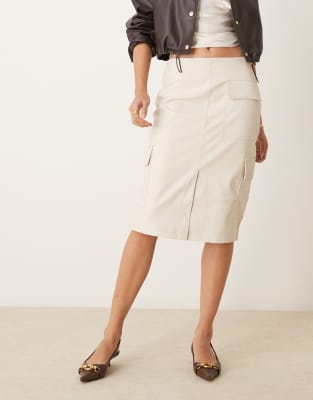 leather look pocketed midi skirt in cream-White