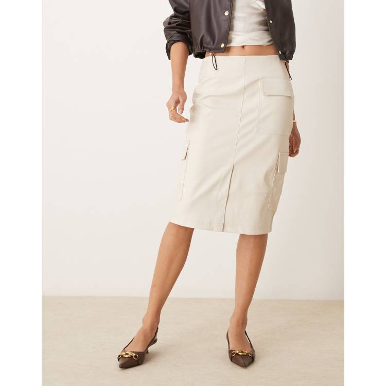 ASOS DESIGN leather look pocketed midi skirt in cream ASOS