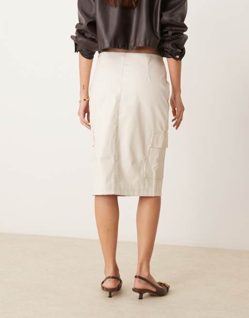 ASOS DESIGN leather look pocketed midi skirt in cream