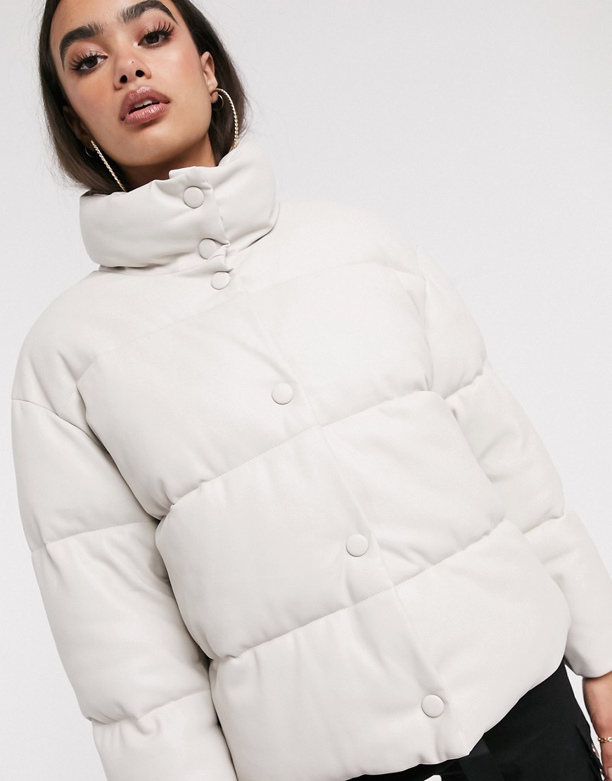 ASOS DESIGN leather look puffer jacket in off-white-Grey