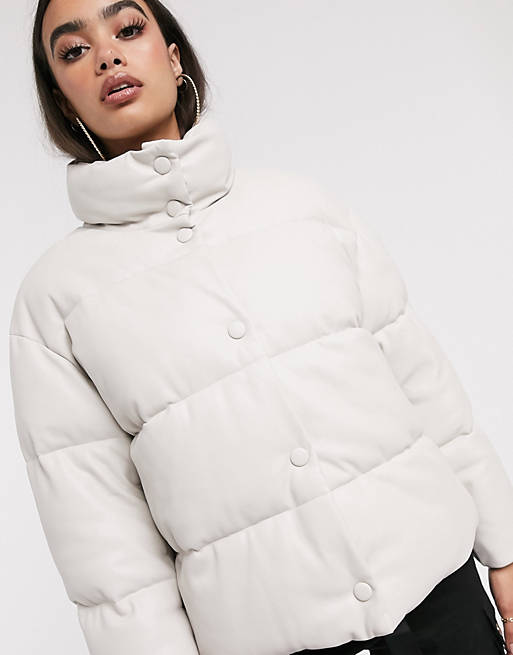 ASOS DESIGN leather look puffer jacket in off-white