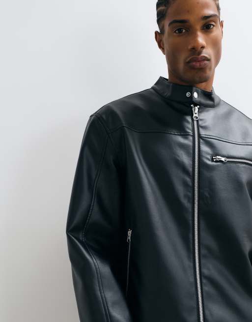 ASOS DESIGN leather look racer jacket in black, 2 of 5