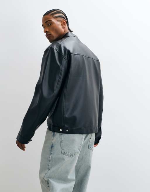 ASOS DESIGN leather look racer jacket in black, 3 of 5