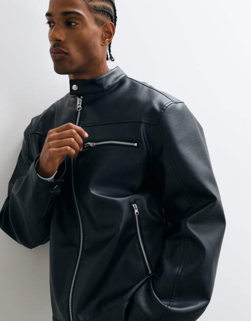 ASOS DESIGN leather look racer jacket in black, 5 of 5