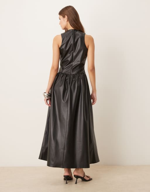 ASOS DESIGN leather look racer midi dress with full skirt in black - BLACK, 2 of 4