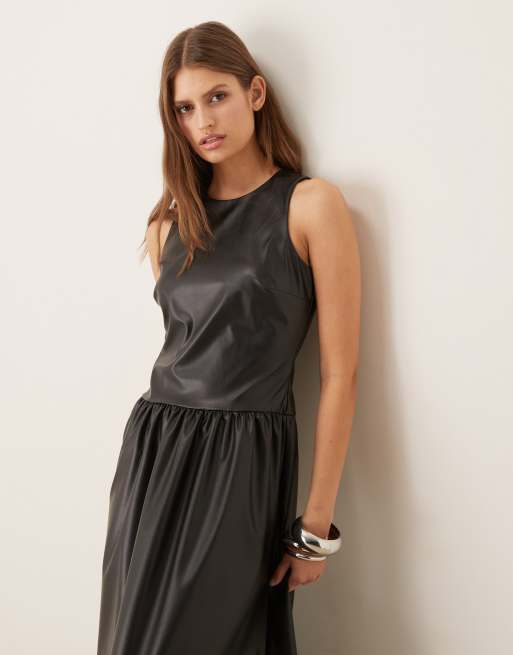 ASOS DESIGN leather look racer midi dress with full skirt in black - BLACK, 3 of 4