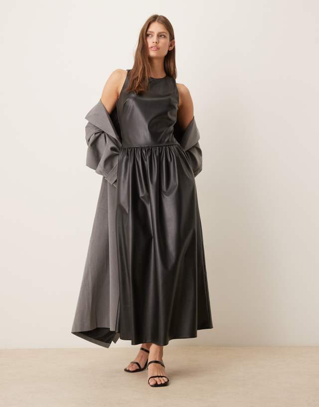 ASOS Design leather look racer midi dress with full skirt in Black