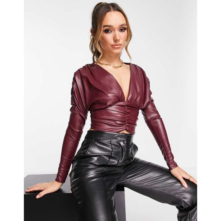 Burgundy Women Summer Crop Leather Top