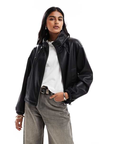 ASOS DESIGN leather look ruched funnel neck bomber jacket in black - view 1