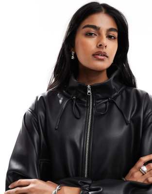 Asos Design Leather Look Ruched Funnel Neck Bomber Jacket In Black