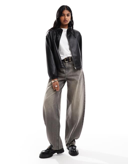ASOS DESIGN leather look ruched funnel neck bomber jacket in black