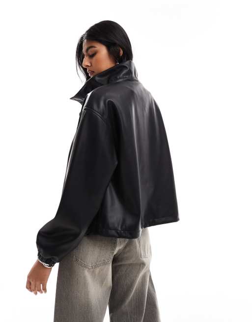 ASOS DESIGN leather look ruched funnel neck bomber jacket in black