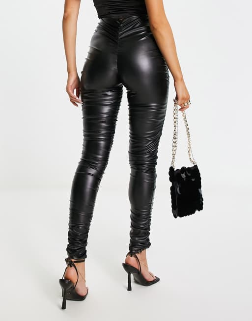 ASOS DESIGN leather look ruched legging in black