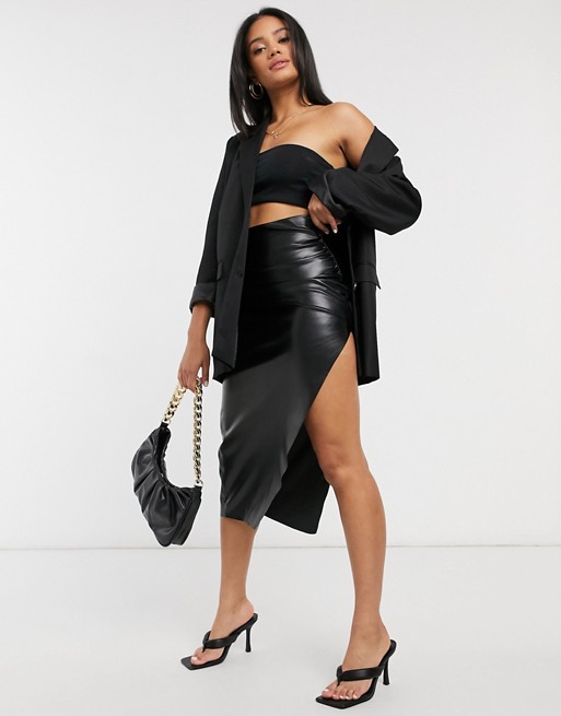 ASOS DESIGN leather look ruched side split midi skirt in black