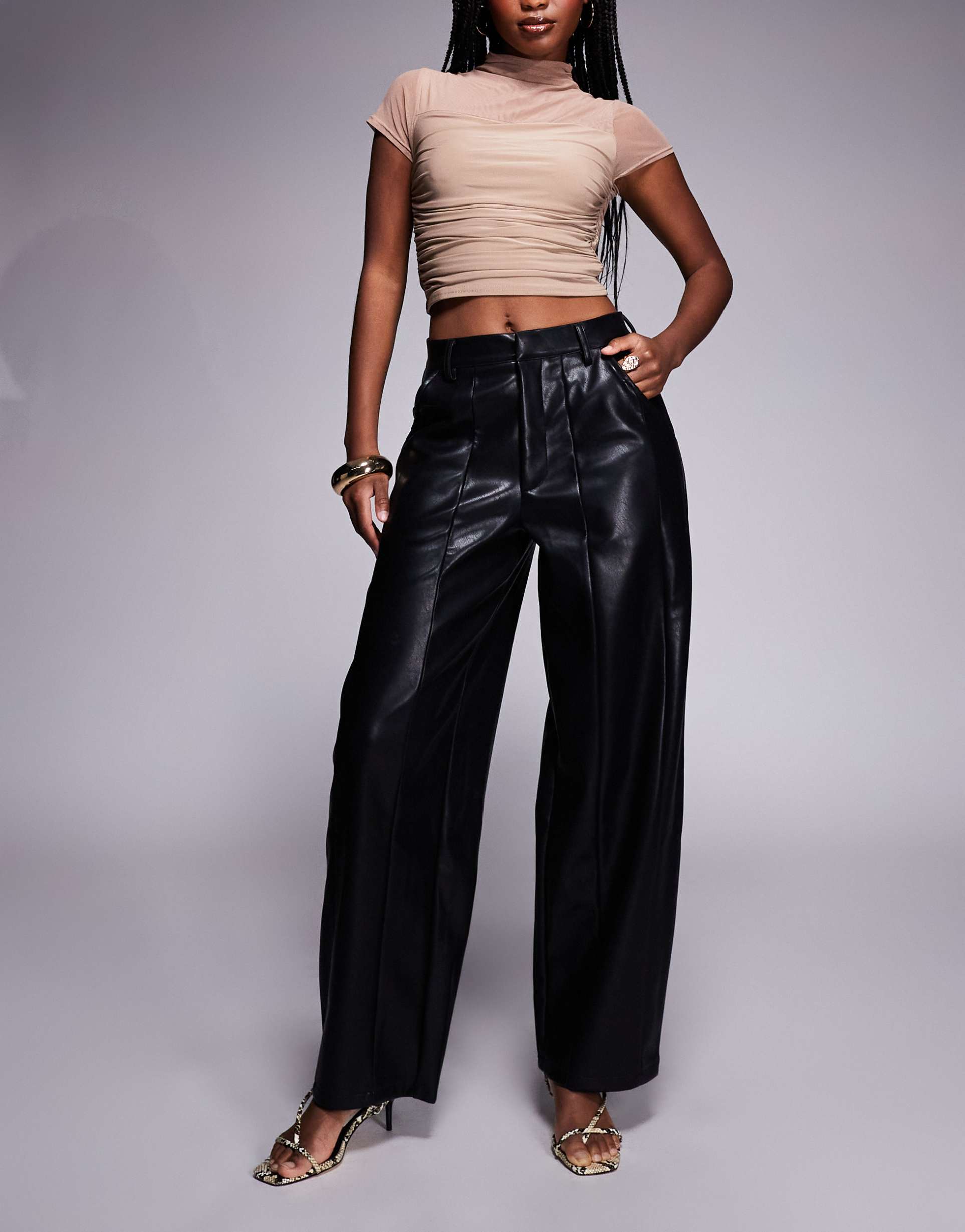 asos design leather look seam detail barrel leg pants in black