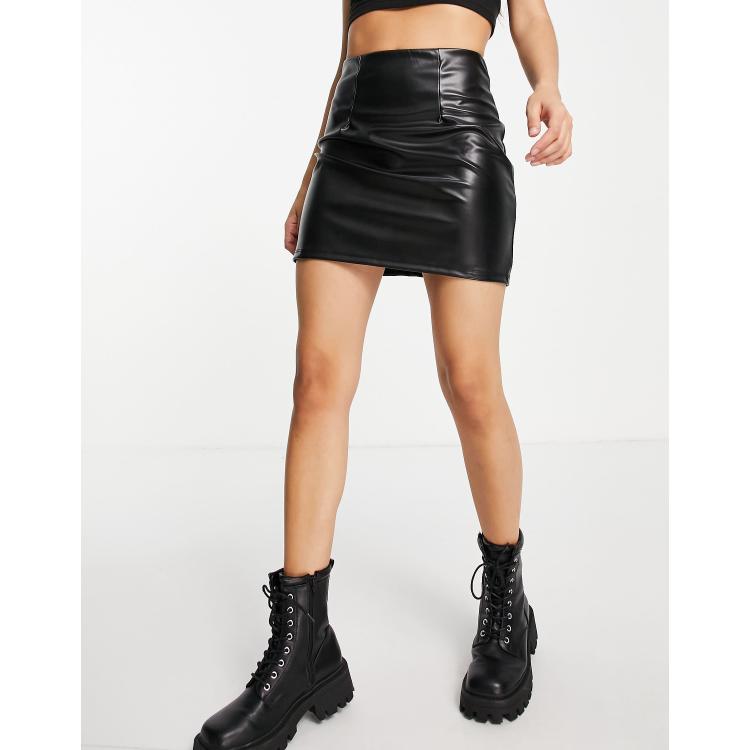 ASOS DESIGN ruched leather look crop top in black