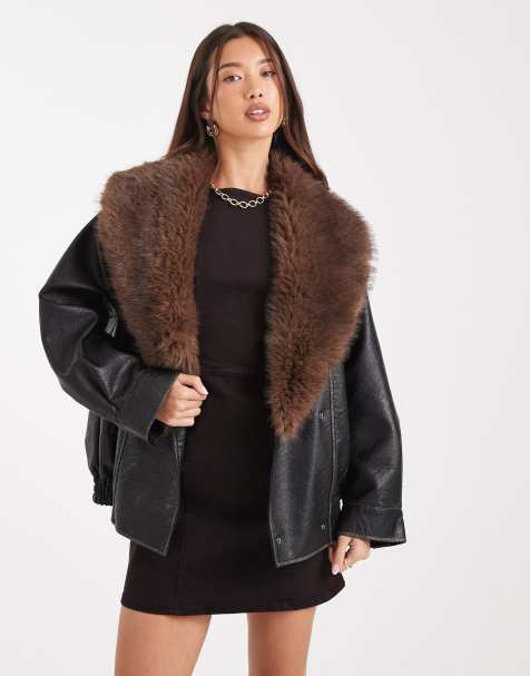 ASOS DESIGN leather look shawl collar faux fur collar bomber jacket in black - view 1
