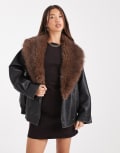 [ASOS DESIGN] ASOS DESIGN leather look shawl collar faux fur collar bomber jacket in black L Black