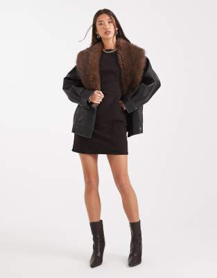 Asos Design Leather Look Shawl Collar Faux Fur Collar Bomber Jacket In Gold