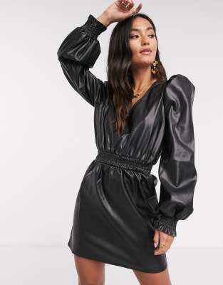 asos puff shirred sleeves waist leather mini dress