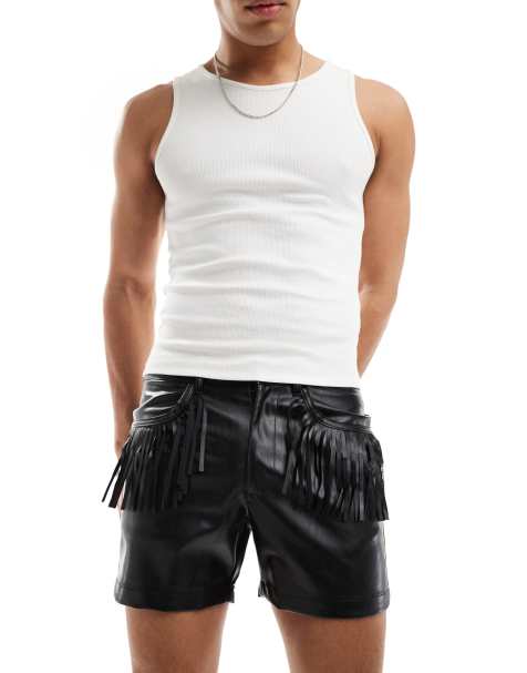ASOS DESIGN leather look short in black with fringing - view 1