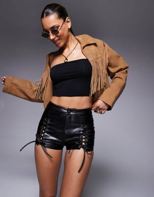 Asos Design Leather Look Shorts With Lace Up Detail In Black