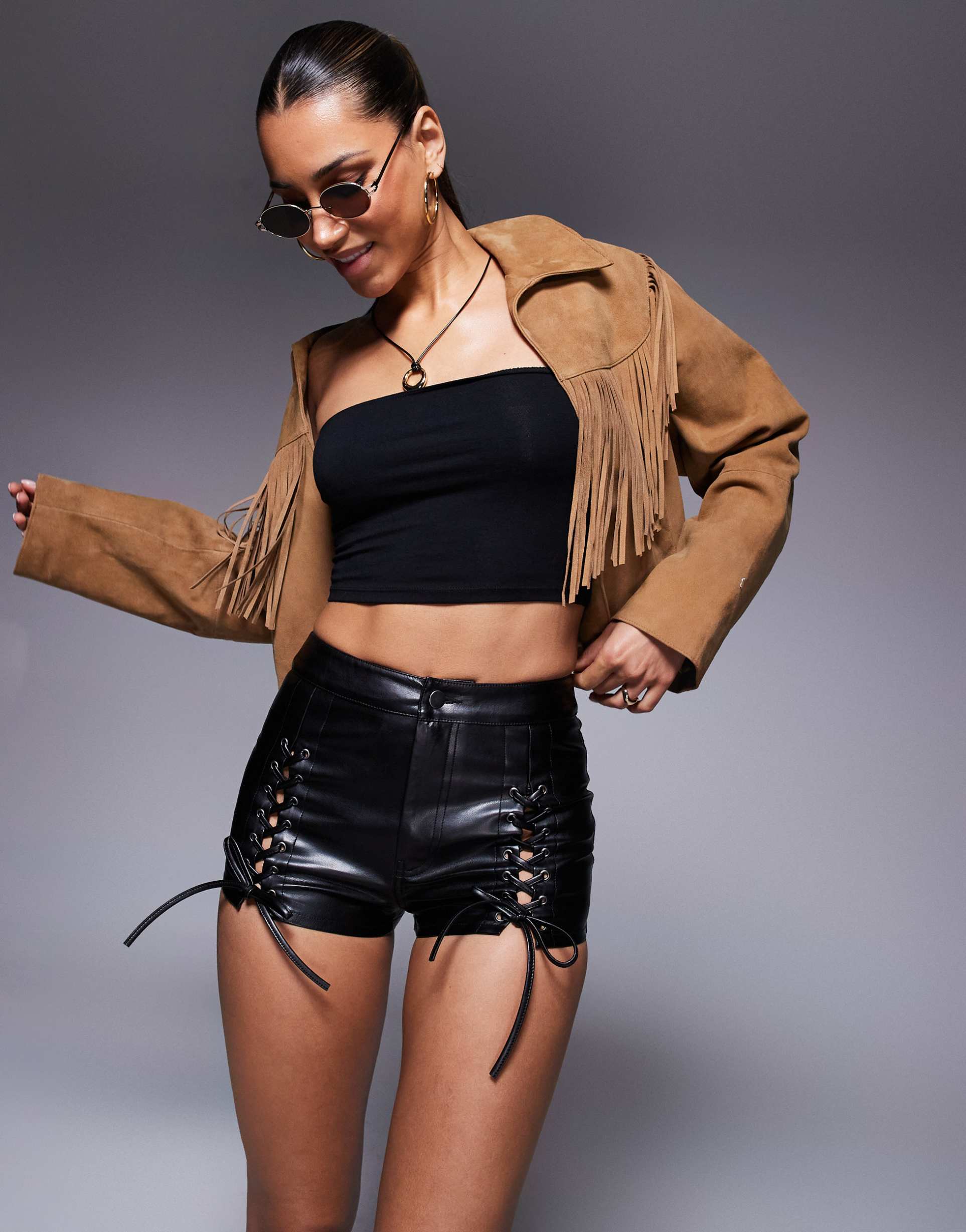 asos design leather look shorts with lace up detail in black