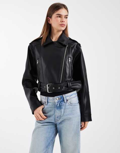 ASOS DESIGN leather look shrunken biker jacket in black