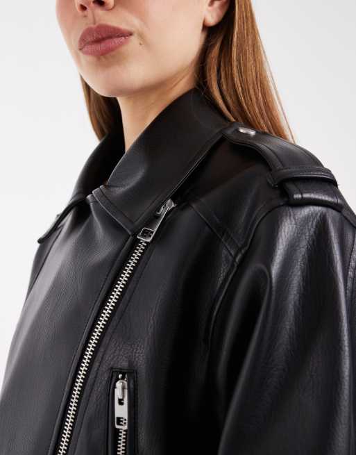 ASOS DESIGN leather look shrunken biker jacket in black, 3 of 4