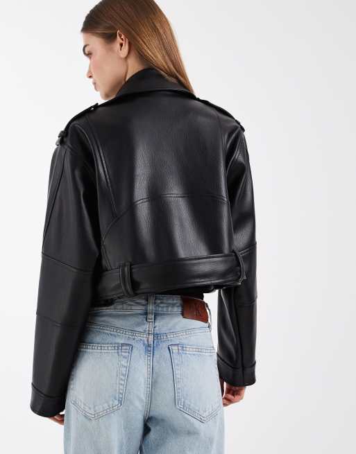 ASOS DESIGN leather look shrunken biker jacket in black, 4 of 4