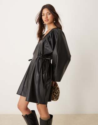 leather look side tie volume smock dress in black