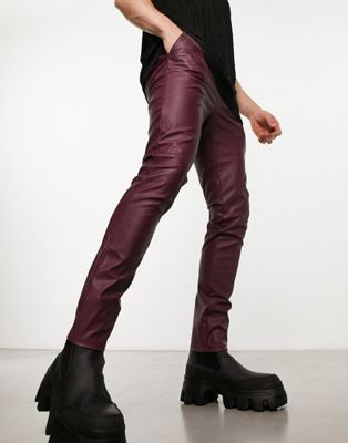 ASOS DESIGN leather look skinny pants in burgundy | ASOS