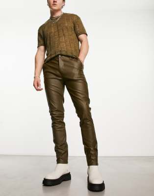 ASOS DESIGN leather look skinny pants in khaki