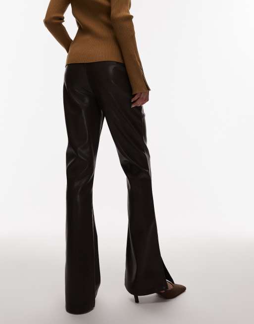 ASOS DESIGN leather look slim flare pants with pintucks in dark