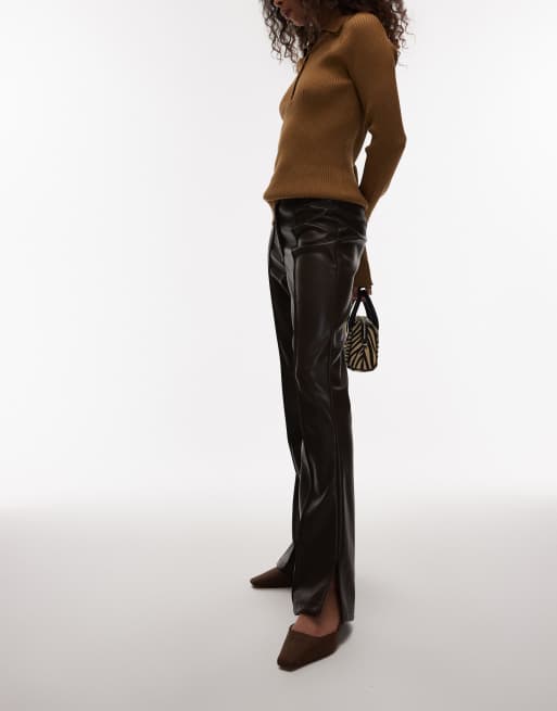 ASOS DESIGN  leather look slim flare trouser with pintuck in chocolate