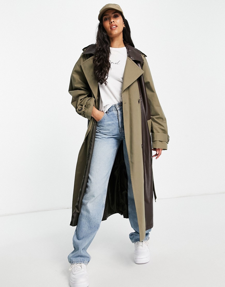ASOS DESIGN leather look spliced trench in brown-Multi