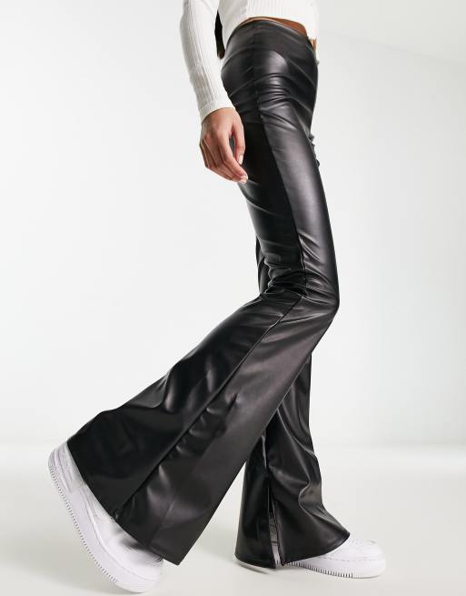 ASOS DESIGN leather look split hem kick flares in black