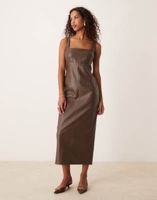 leather look square scoop neck midi dress with seaming detail in chocolate-Green