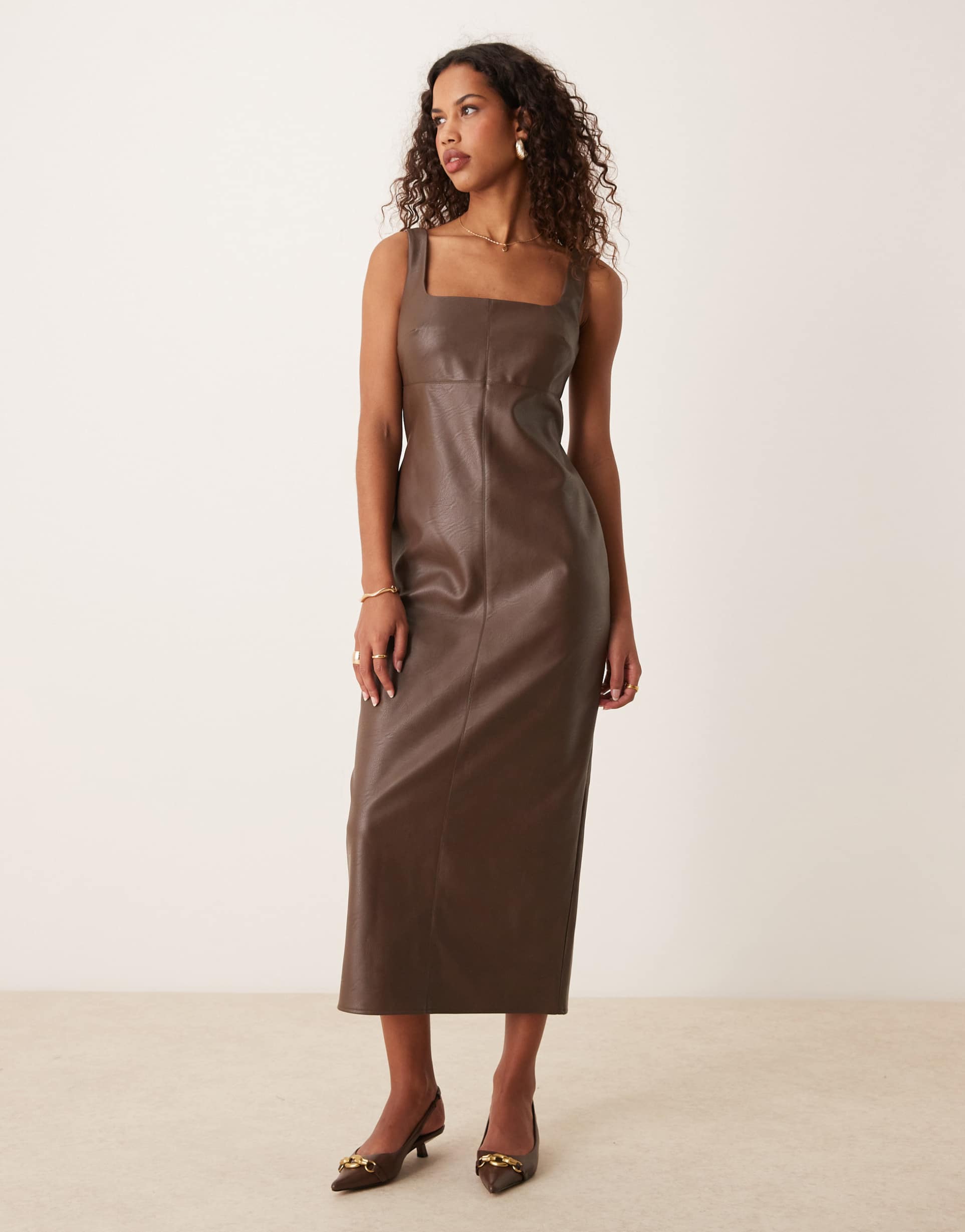 asos design leather look square scoop neck midi dress with seaming detail in chocolate