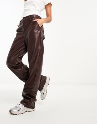 Asos Design Faux Leather Straight Leg Pants In Brown In Brown