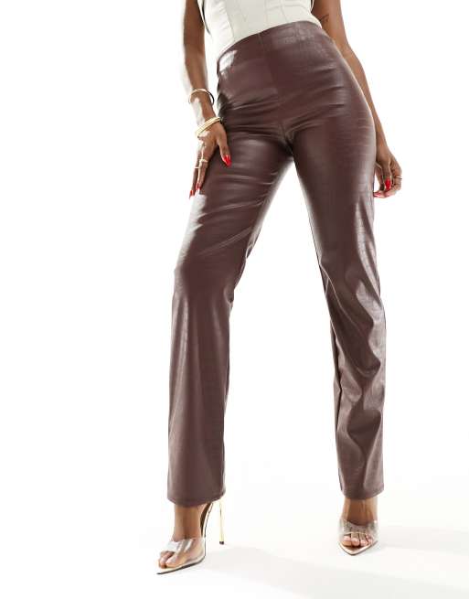 ASOS DESIGN leather look straight leg pants in brown