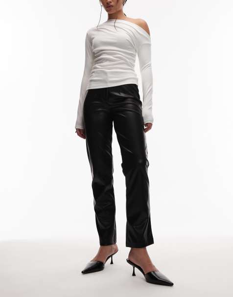 ASOS DESIGN leather look straight leg trouser in black - view 1