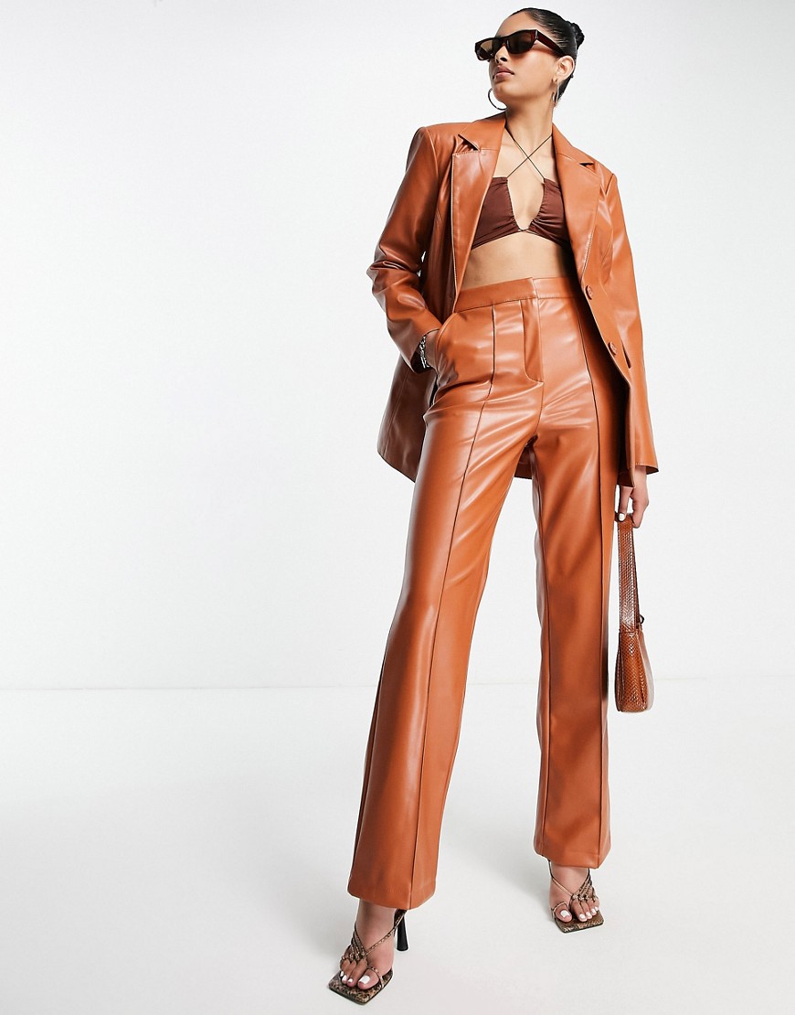 ASOS DESIGN leather look straight pants in rust brown
