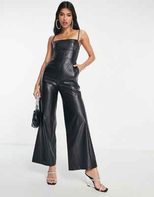 ASOS DESIGN leather look strappy wide leg jumpsuit in black