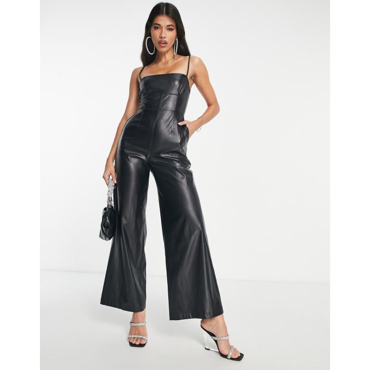 ASOS DESIGN leather look strappy wide leg jumpsuit in black